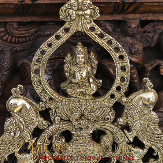 Brass Lakshmi Diya Stand, with Peacock, Fine Gold Finish, 15"