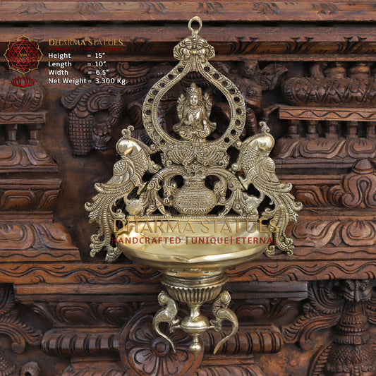 Brass Lakshmi Diya Stand, with Peacock, Fine Gold Finish, 15"
