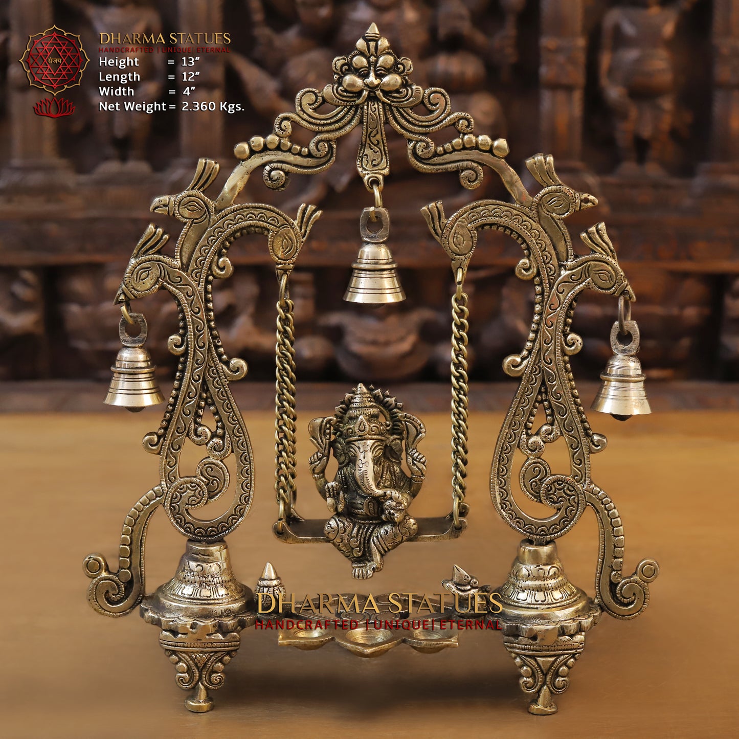 Brass Ganesh on Swing, Blessing Posture, Golden & Stonework, 13"