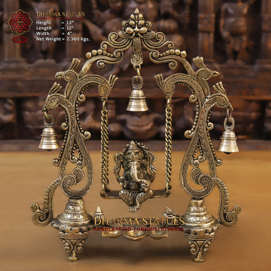Brass Ganesh on Swing, Blessing Posture, Golden & Stonework, 13"