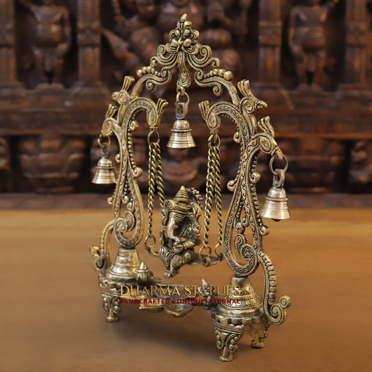 Brass Ganesh on Swing, Blessing Posture, Golden & Stonework, 13"
