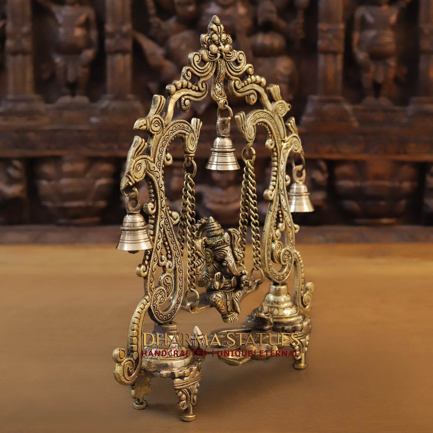 Brass Ganesh on Swing, Blessing Posture, Golden & Stonework, 13"