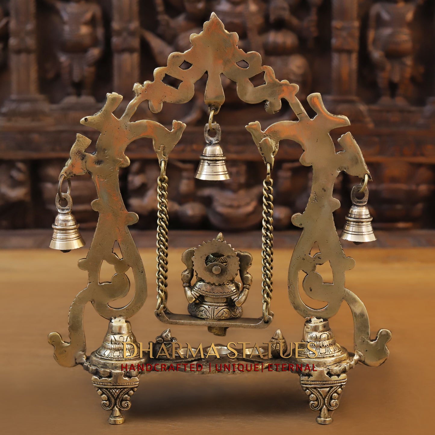 Brass Ganesh on Swing, Blessing Posture, Golden & Stonework, 13"