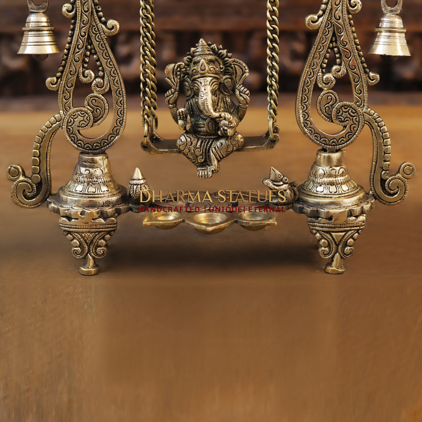Brass Ganesh on Swing, Blessing Posture, Golden & Stonework, 13"