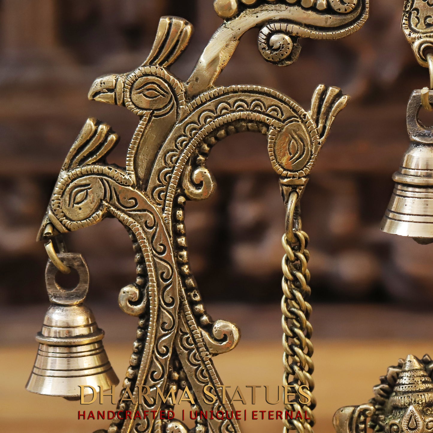 Brass Ganesh on Swing, Blessing Posture, Golden & Stonework, 13"