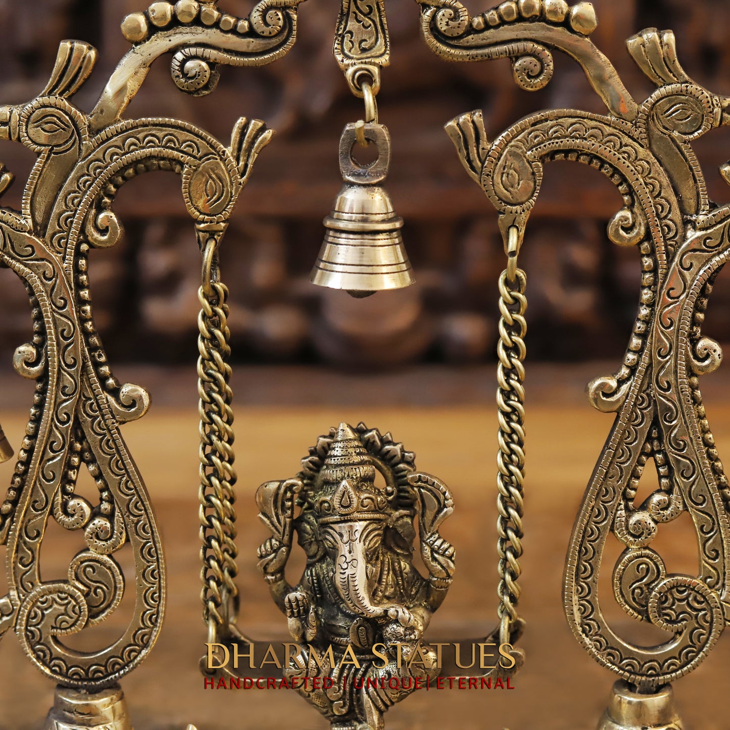 Brass Ganesh on Swing, Blessing Posture, Golden & Stonework, 13"