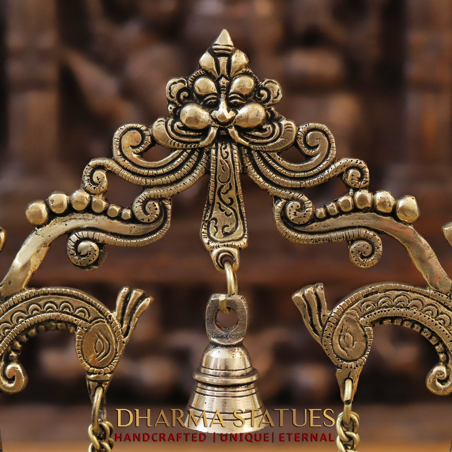 Brass Ganesh on Swing, Blessing Posture, Golden & Stonework, 13"