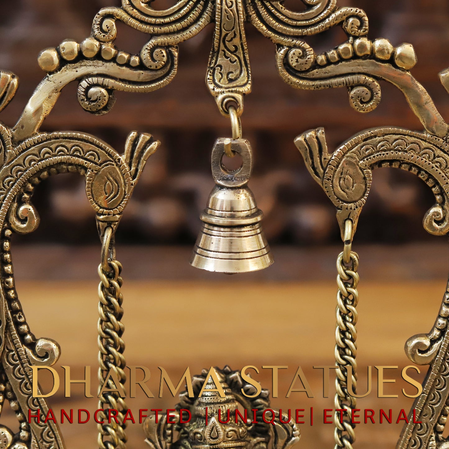 Brass Ganesh on Swing, Blessing Posture, Golden & Stonework, 13"