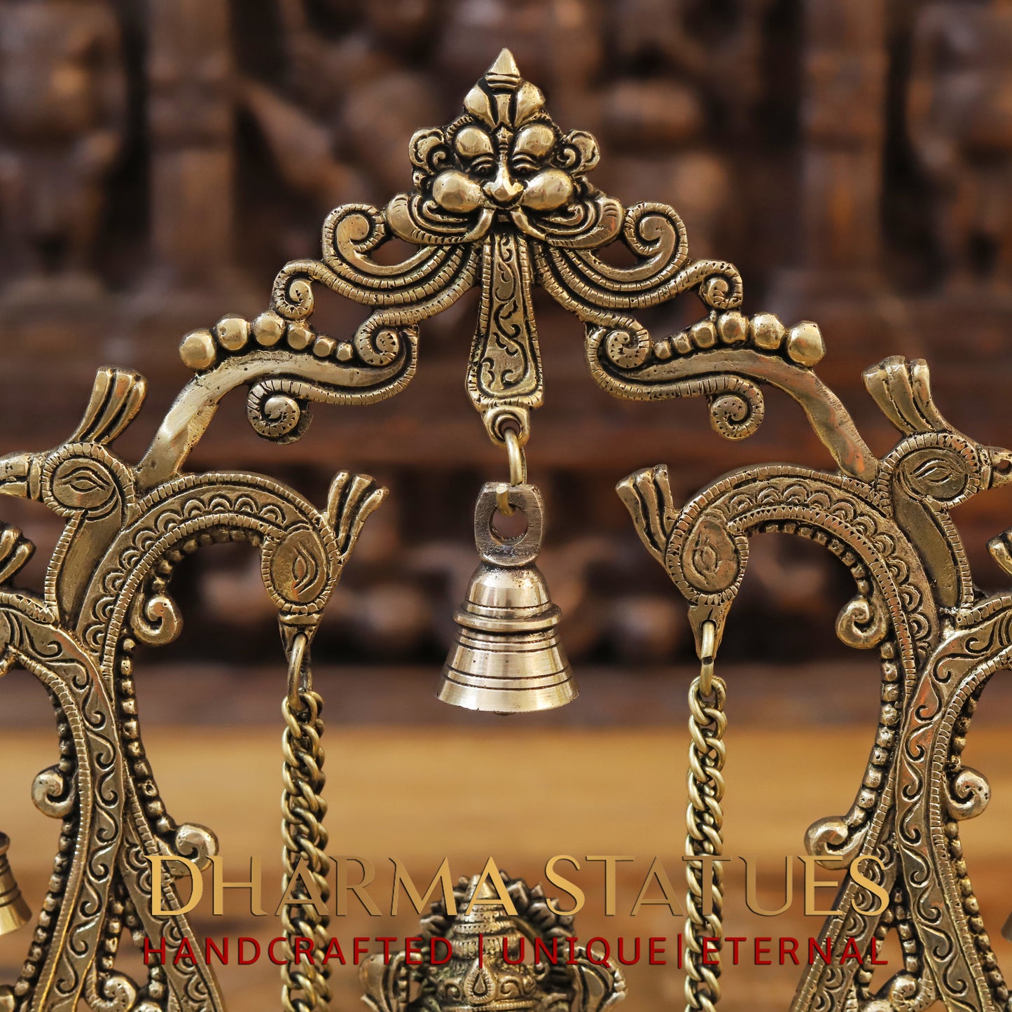 Brass Ganesh on Swing, Blessing Posture, Golden & Stonework, 13"