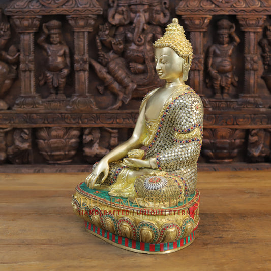 Brass Buddha seated in Bhumisparsha Mudra, Golden & Stonework, 16.5"