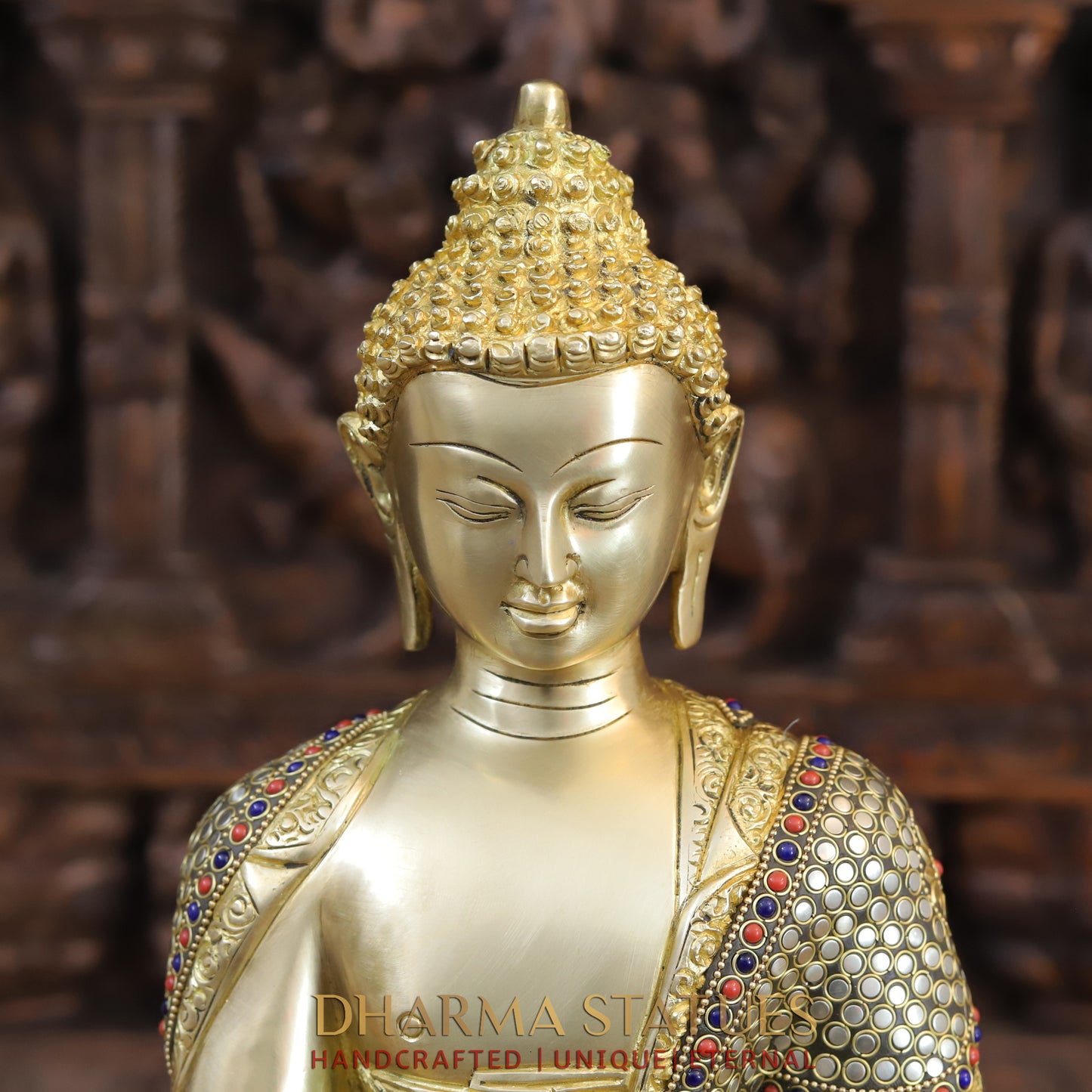 Brass Buddha seated in Bhumisparsha Mudra, Golden & Stonework, 16.5"