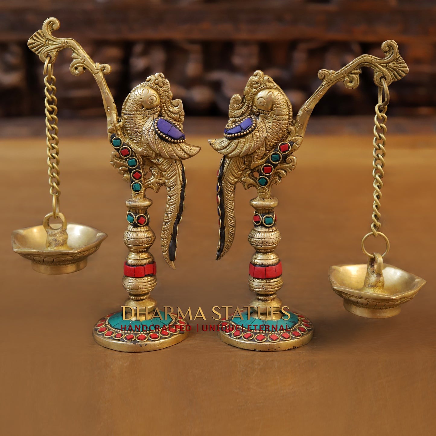 Brass Parrot Lamp, Stonework & Golden Finish, 8.5"