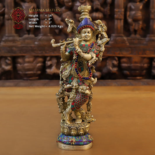 Brass Krishna Playing Flute, Stonework & Golden Finish, 14"