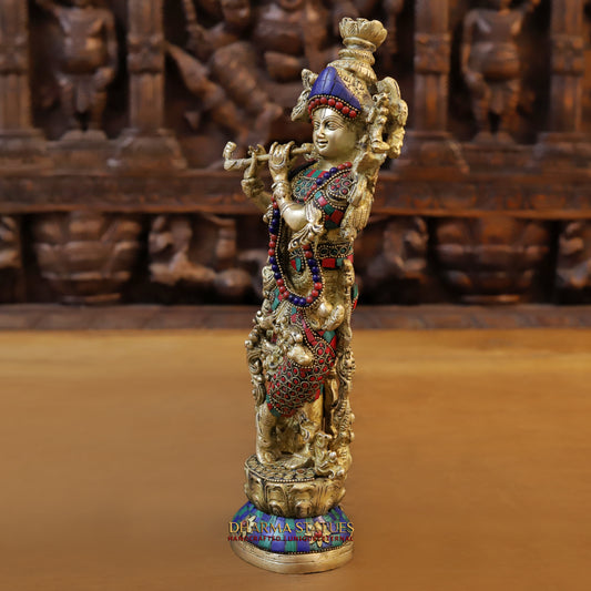 Brass Krishna Playing Flute, Stonework & Golden Finish, 14"