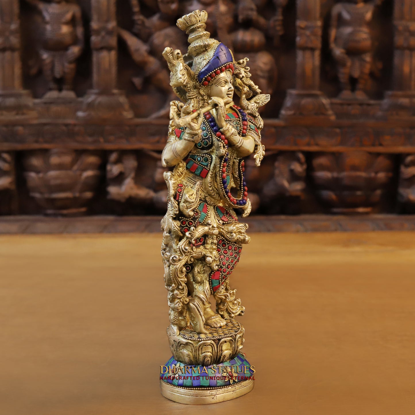 Brass Krishna Playing Flute, Stonework & Golden Finish, 14"