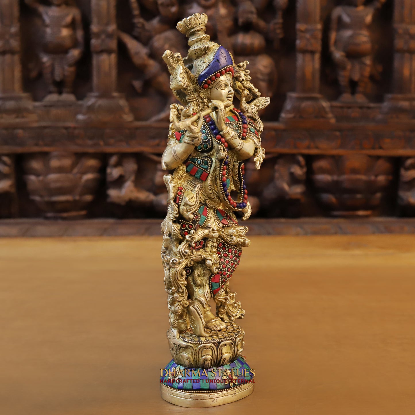 Brass Radha & Krishna Playing Flute, Stonework & Golden Finish, 14"