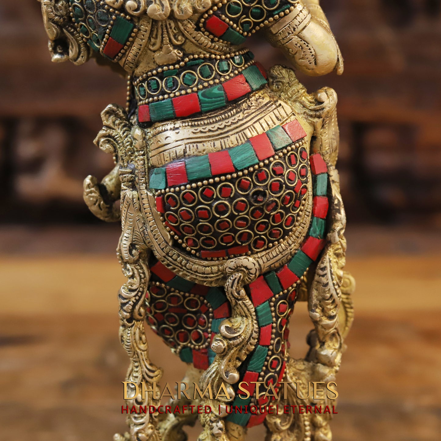 Brass Krishna Playing Flute, Stonework & Golden Finish, 14"