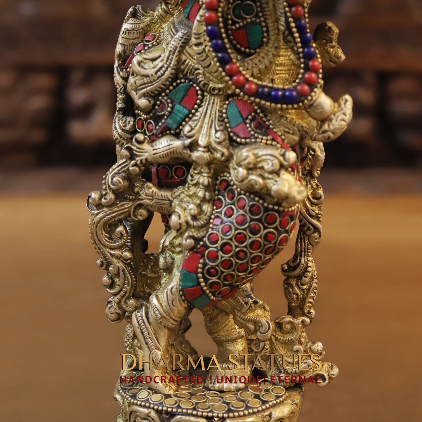 Brass Krishna Playing Flute, Stonework & Golden Finish, 14"