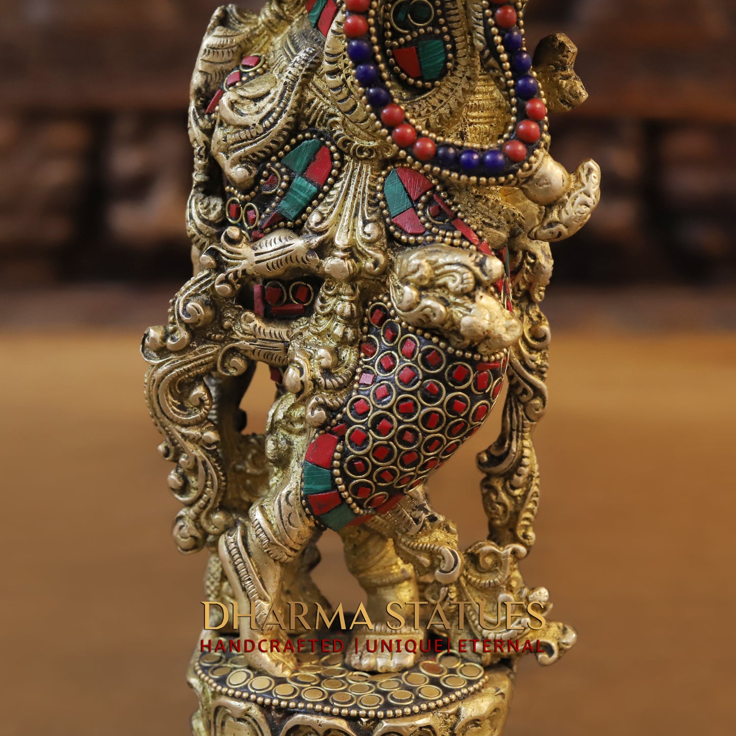 Brass Radha & Krishna Playing Flute, Stonework & Golden Finish, 14"