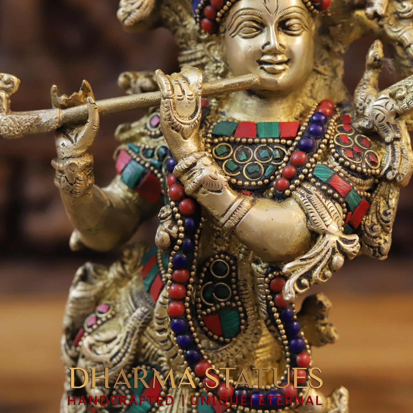 Brass Krishna Playing Flute, Stonework & Golden Finish, 14"
