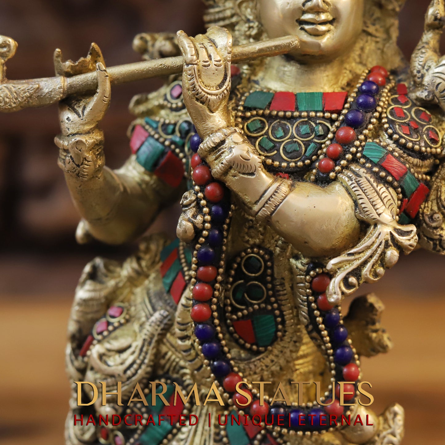 Brass Radha & Krishna Playing Flute, Stonework & Golden Finish, 14"