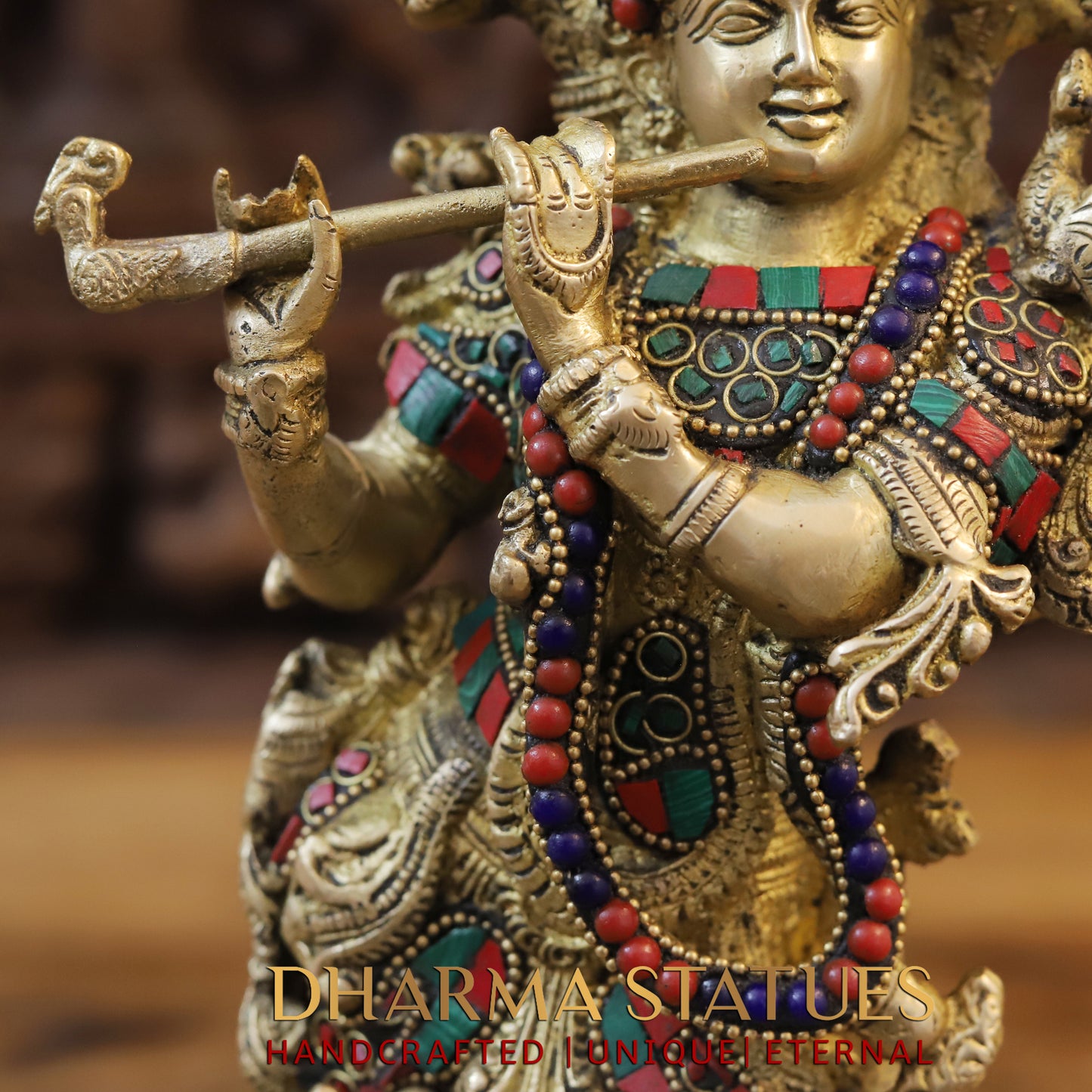 Brass Krishna Playing Flute, Stonework & Golden Finish, 14"