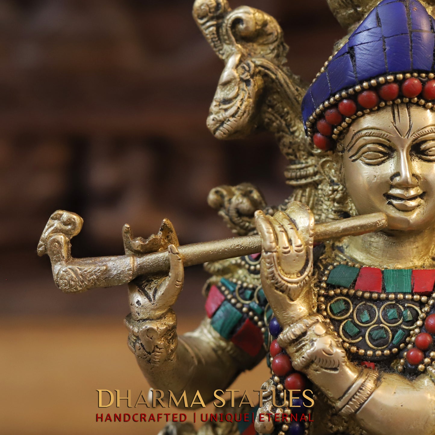 Brass Krishna Playing Flute, Stonework & Golden Finish, 14"