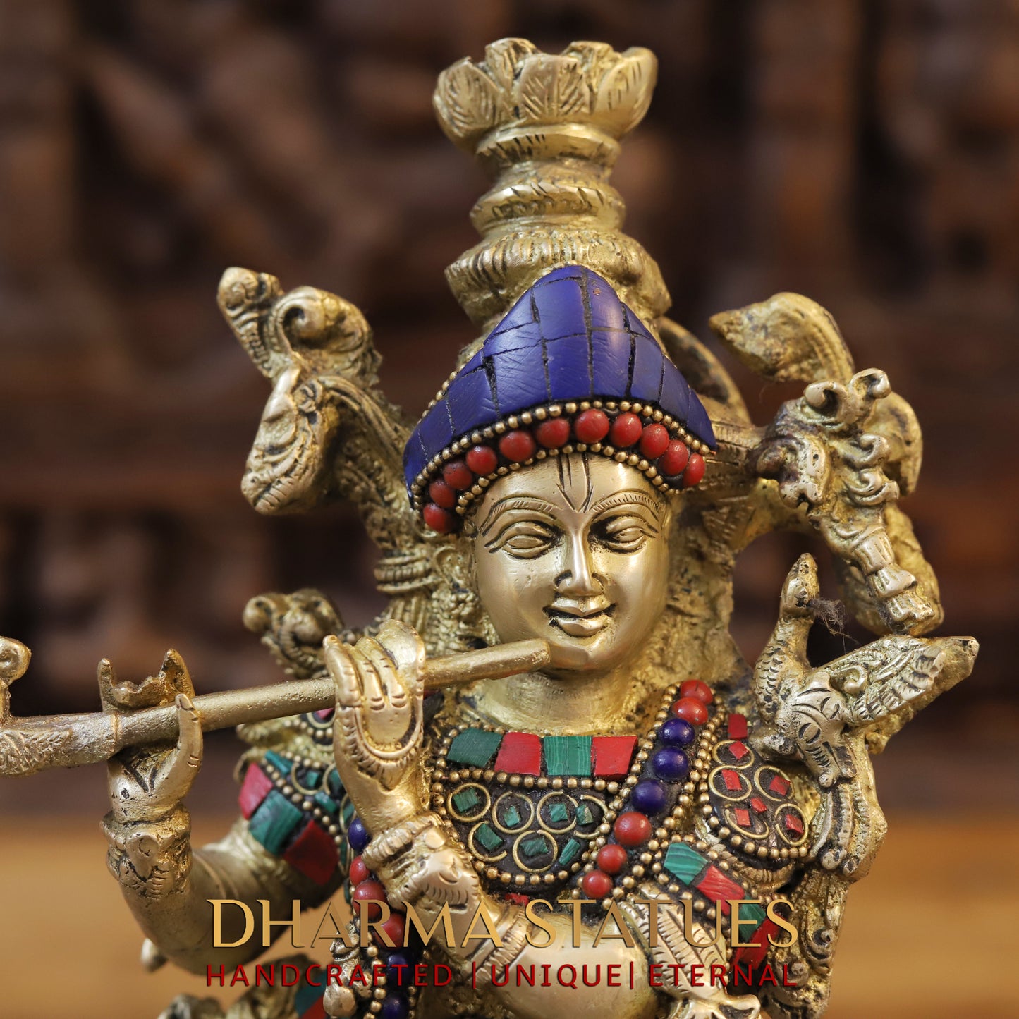 Brass Radha & Krishna Playing Flute, Stonework & Golden Finish, 14"