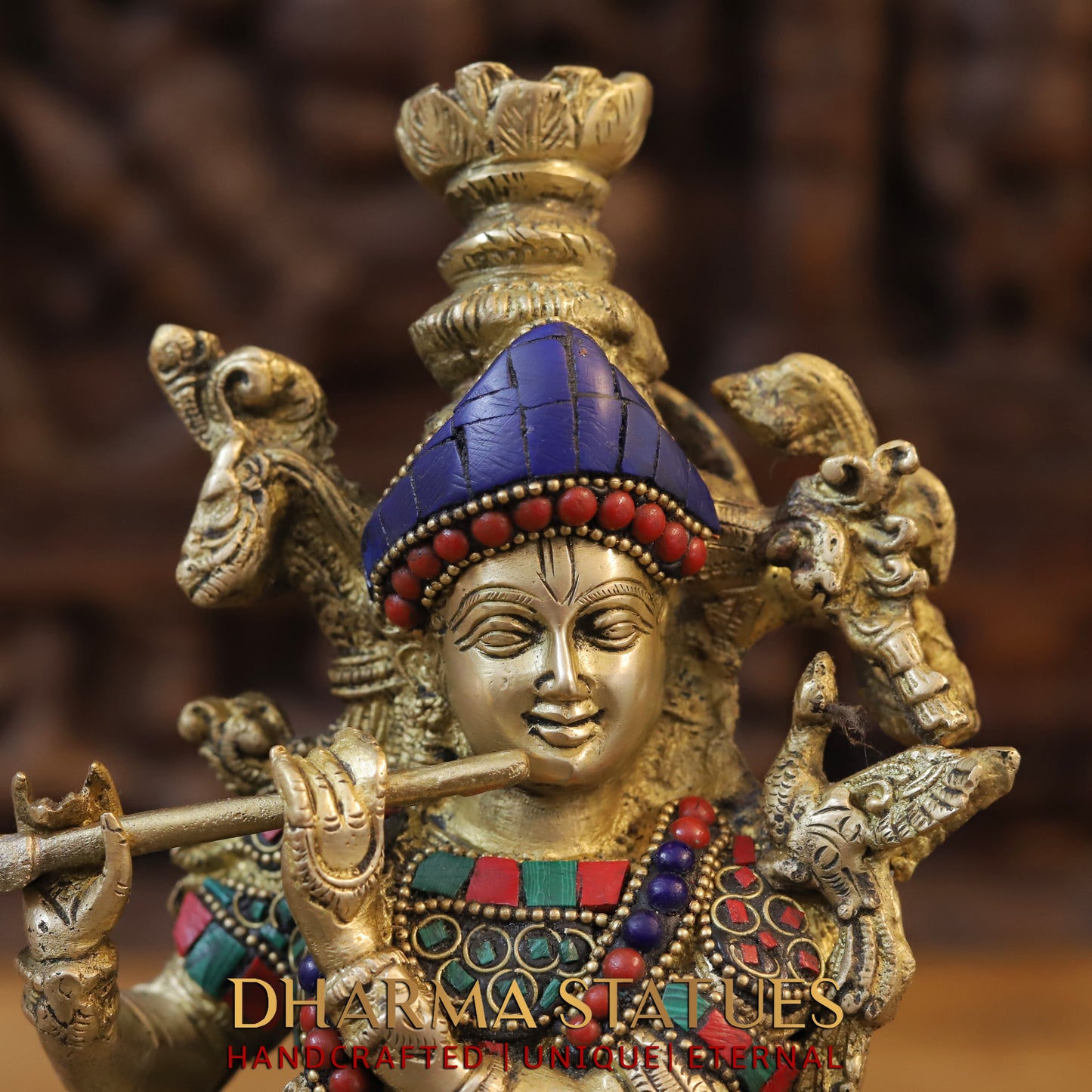 Brass Krishna Playing Flute, Stonework & Golden Finish, 14"