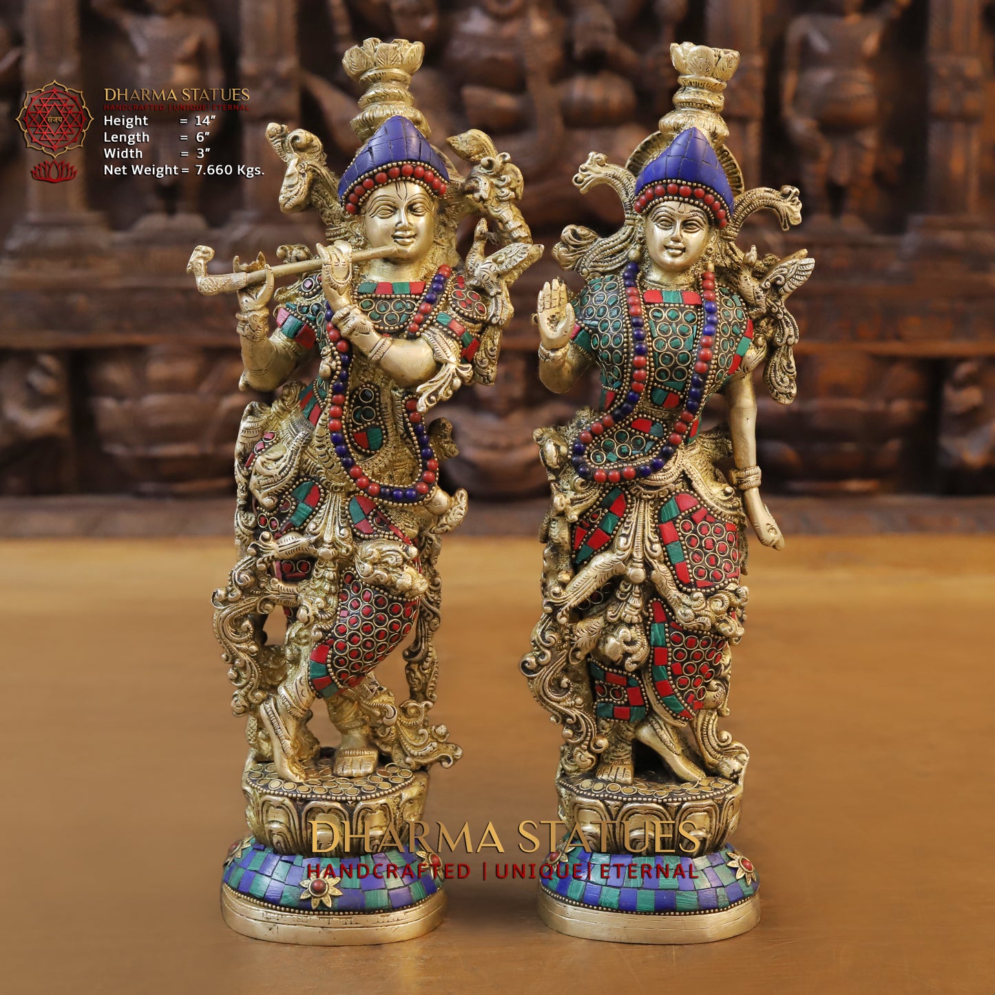 Brass Radha & Krishna Playing Flute, Stonework & Golden Finish, 14"