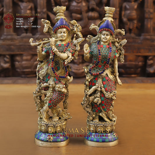 Brass Radha & Krishna Playing Flute, Stonework & Golden Finish, 14"
