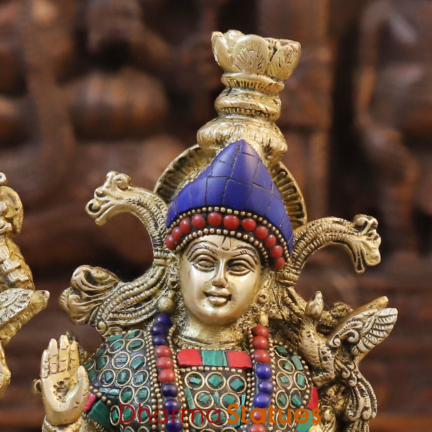 Brass Radha & Krishna Playing Flute, Stonework & Golden Finish, 14"