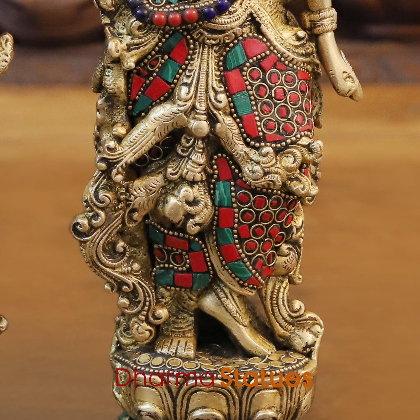 Brass Radha & Krishna Playing Flute, Stonework & Golden Finish, 14"