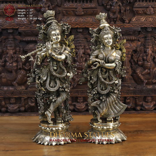 Brass Radha & Krishna Playing Flute, Fine Golden Finish, 27"