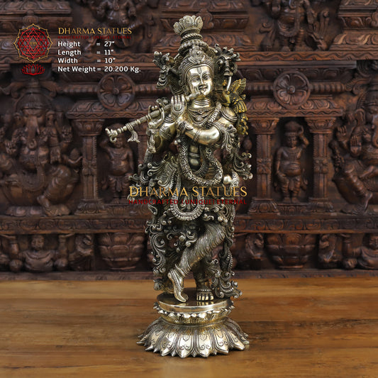Brass Krishna Playing Flute, Fine Golden Finish, 27"
