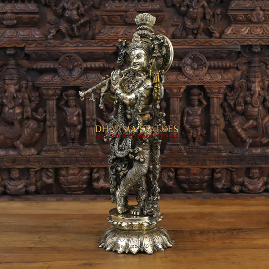 Brass Krishna Playing Flute, Fine Golden Finish, 27"