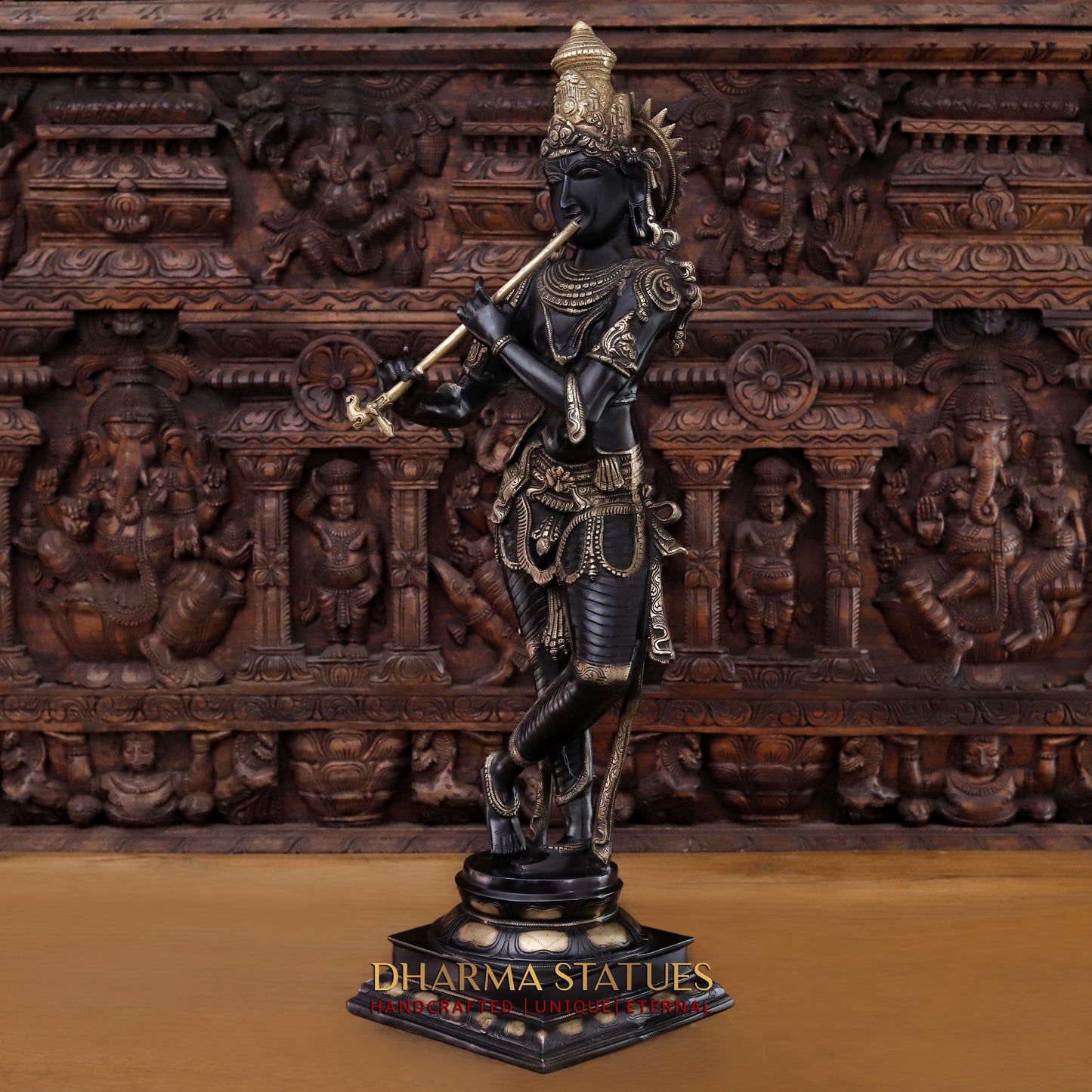 Brass Krishna playing Flute, Black patina & Golden Finish, 34"