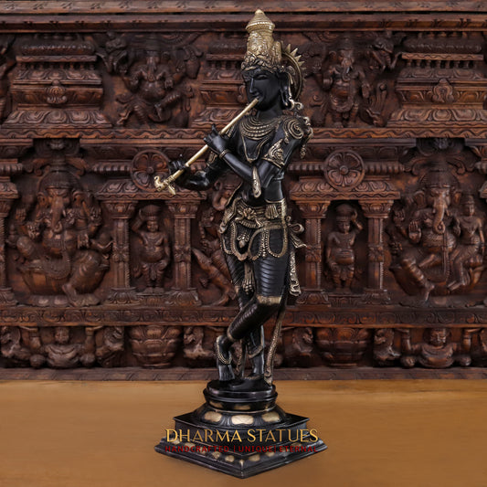 Brass Krishna playing Flute, Black patina & Golden Finish, 34"