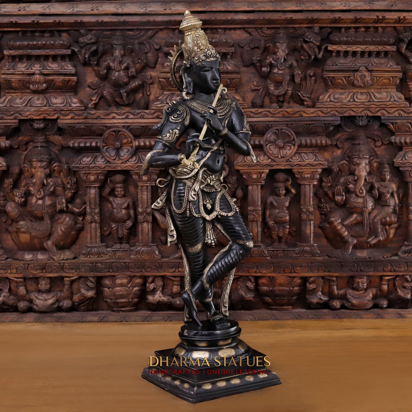 Brass Krishna playing Flute, Black patina & Golden Finish, 34"