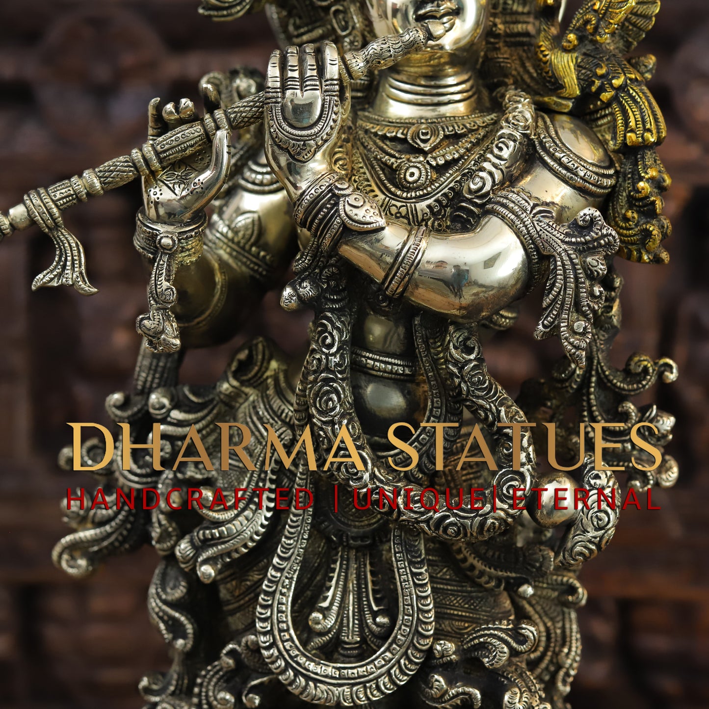 Brass Radha & Krishna Playing Flute, Fine Golden Finish, 27"