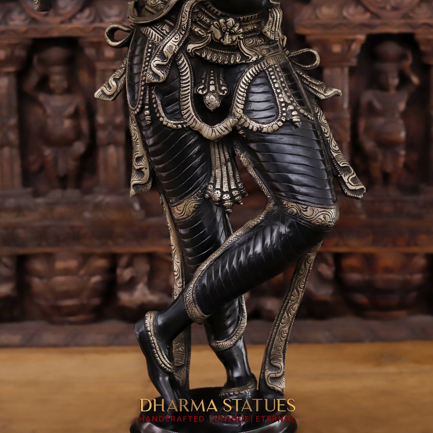 Brass Krishna playing Flute, Black patina & Golden Finish, 34"