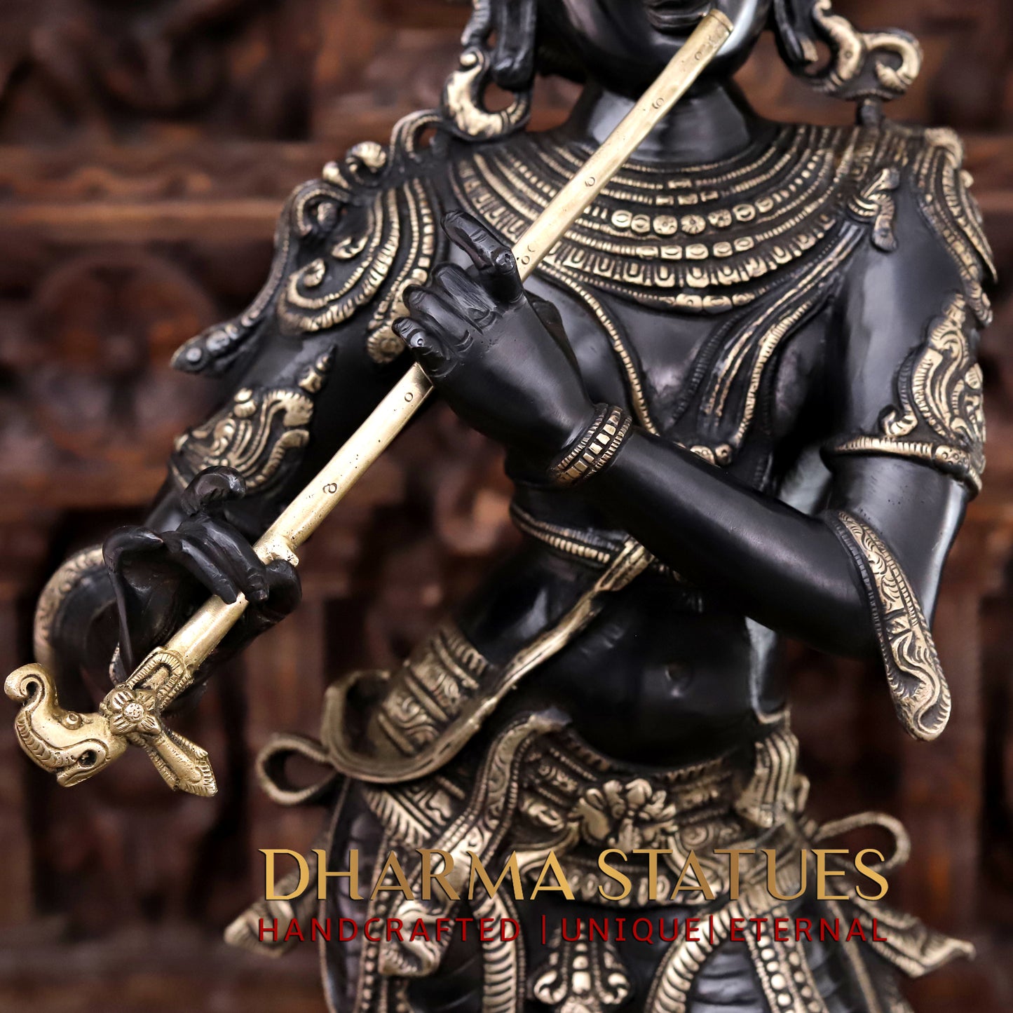 Brass Krishna playing Flute, Black patina & Golden Finish, 34"