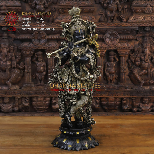 Brass Krishna Playing Flute, Black Patina & Fine Golden Finish, 27"