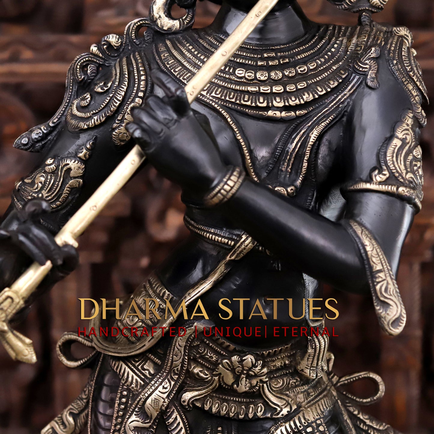 Brass Krishna playing Flute, Black patina & Golden Finish, 34"