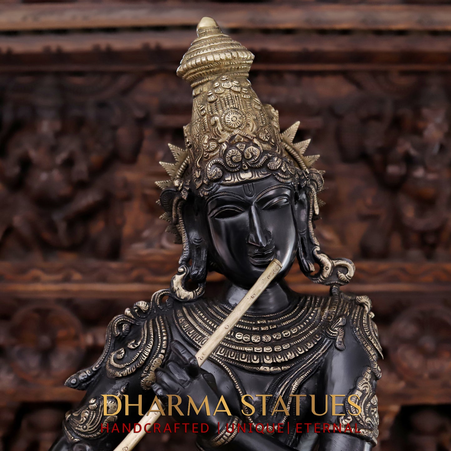 Brass Krishna playing Flute, Black patina & Golden Finish, 34"