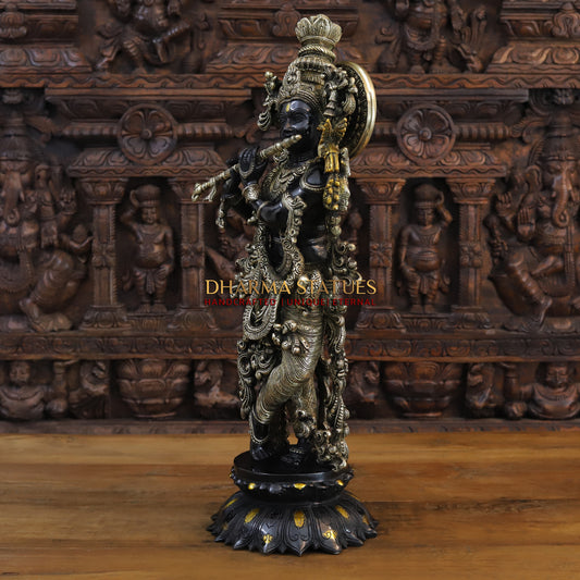Brass Krishna Playing Flute, Black Patina & Fine Golden Finish, 27"