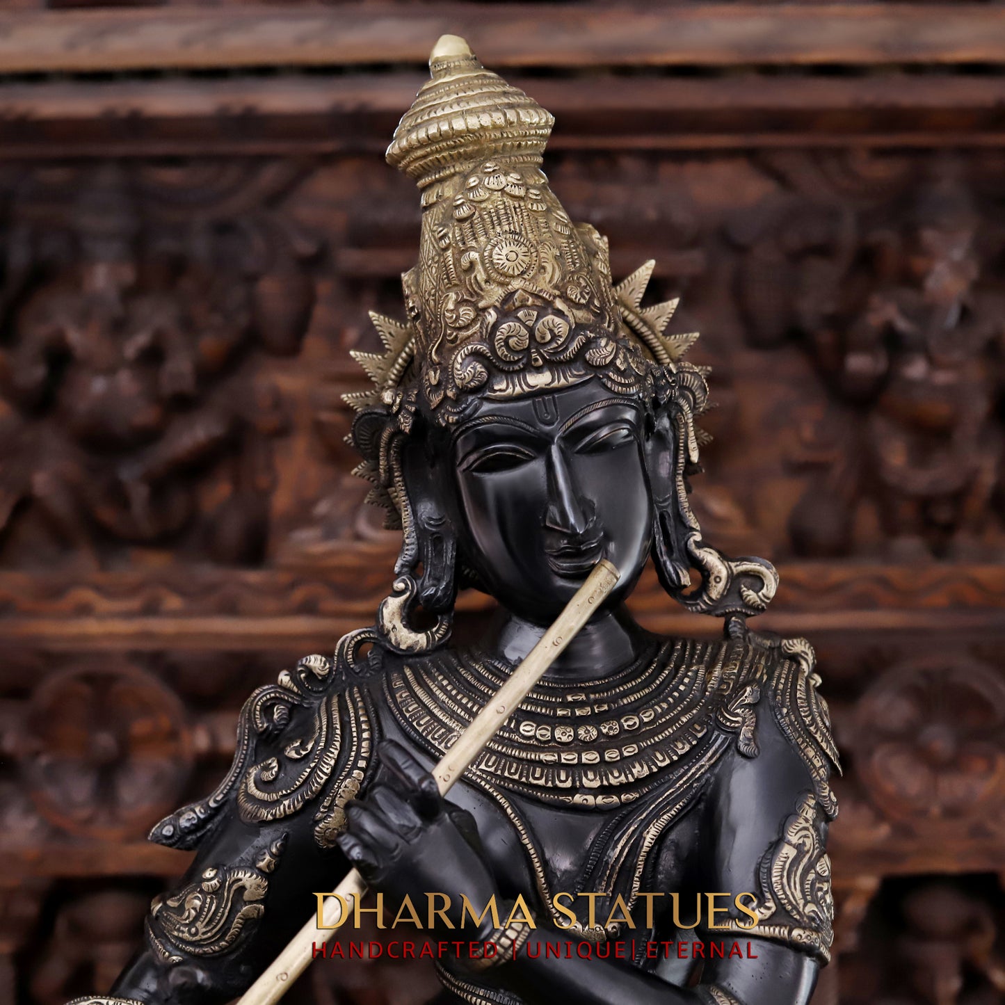 Brass Krishna playing Flute, Black patina & Golden Finish, 34"