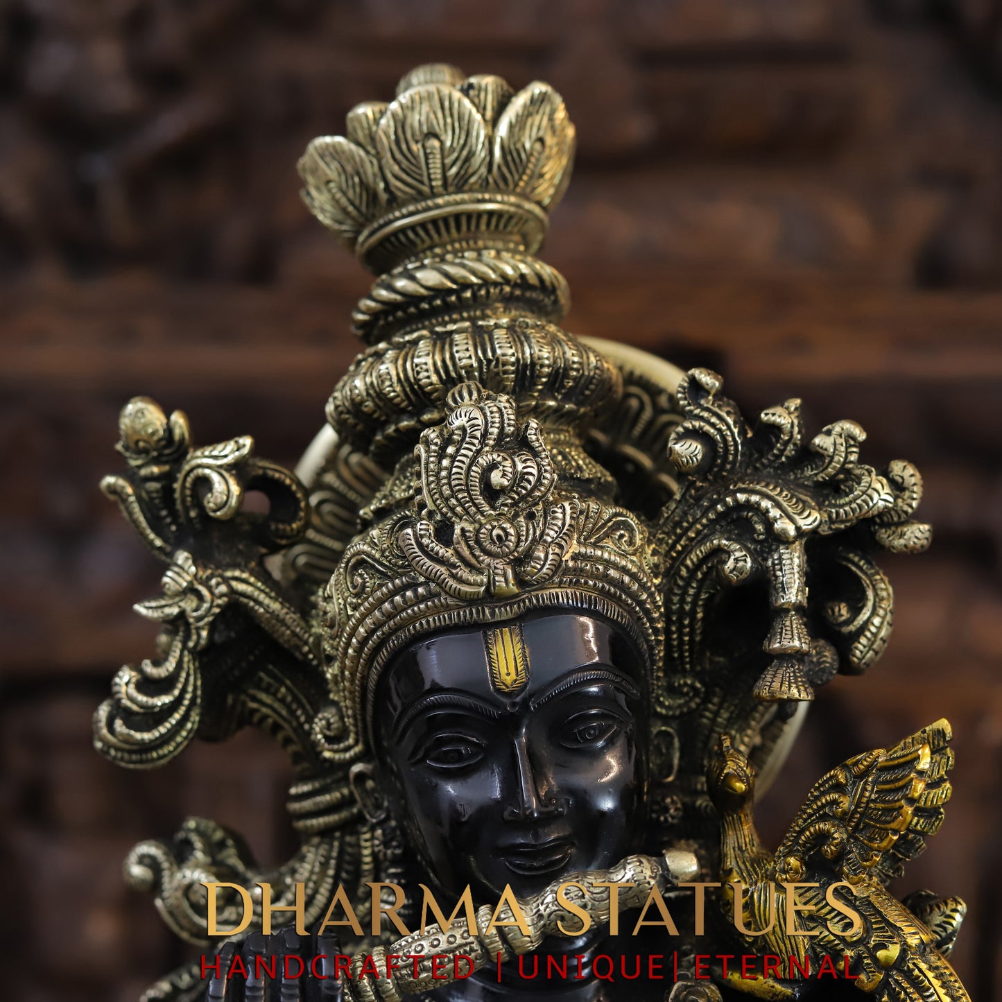 Brass Krishna Playing Flute, Black Patina & Fine Golden Finish, 27"
