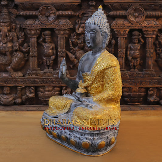 Brass Buddha seated in Blessing Posture, Black Patina & Golden Finish, 22"