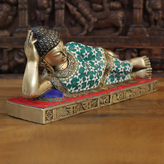 Brass Buddha in Resting Posture, Golden Finish & Stonework, 9.5"
